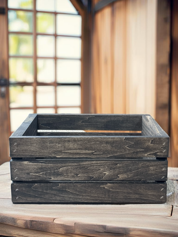 Small dark crate displayed in rustic kitchen setting, farmhouse home decor.