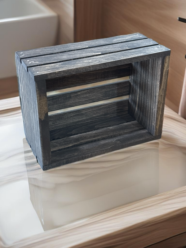Small dark wood crate product photo on white background, rustic organizer box.