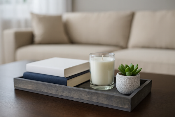 Small gray wooden tray on coffee table with books, candle, and plant.
