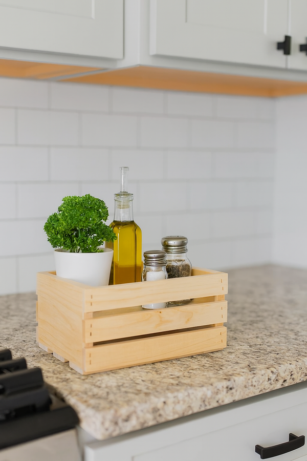 Small wooden crate in kitchen holding oil and spice jars
