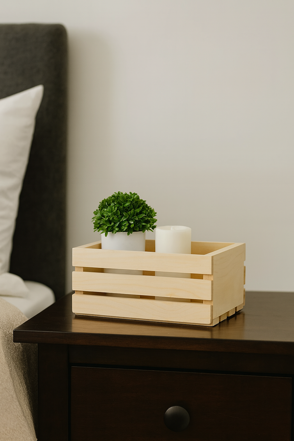 Natural wood crate on nightstand with candle and plant decor