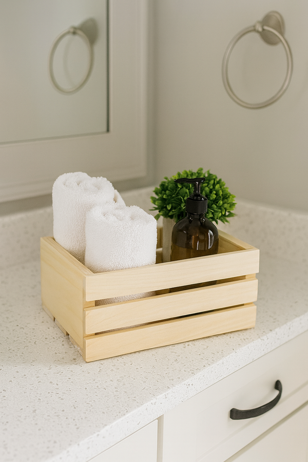 Small natural wooden storage crate used as a bathroom organizer with towels and soap