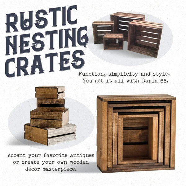 Rustic nesting crates advertisement showing wooden crate set for versatile farmhouse décor.