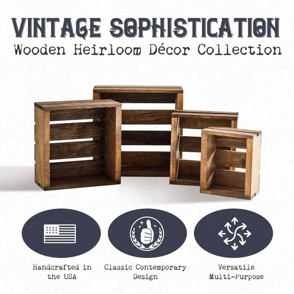 Vintage sophistication collection of small wooden nesting crates, handcrafted rustic décor.