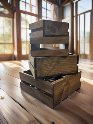 Rustic small nesting crates styled in a warm farmhouse interior with wood flooring and sunlight.
