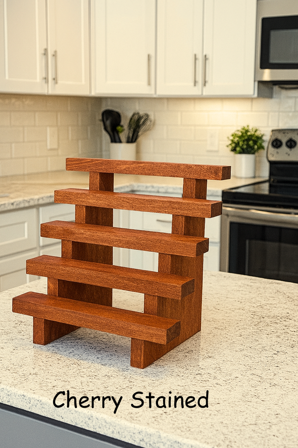 Rustic wooden spice rack in Cherry Stained finish with 5-tier slatted shelves