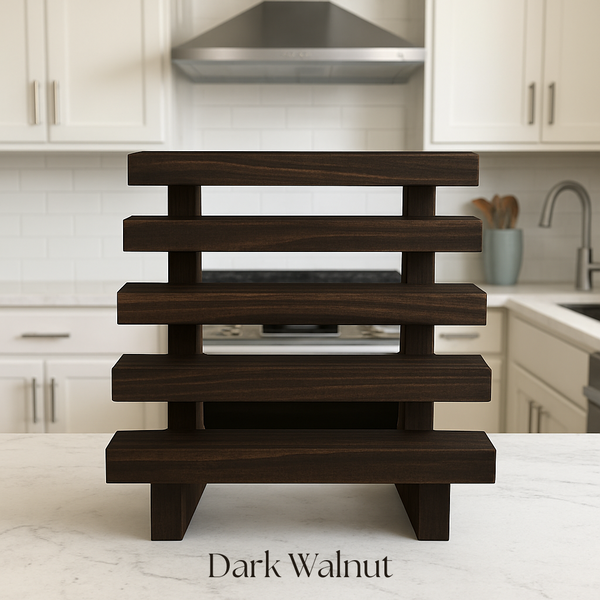 Rustic wooden spice rack in Dark Walnut finish with 5-tier slatted shelves