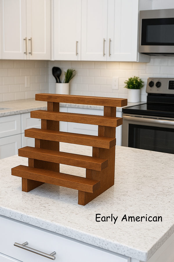 Rustic wooden spice rack in Early American finish with 5-tier slatted shelves