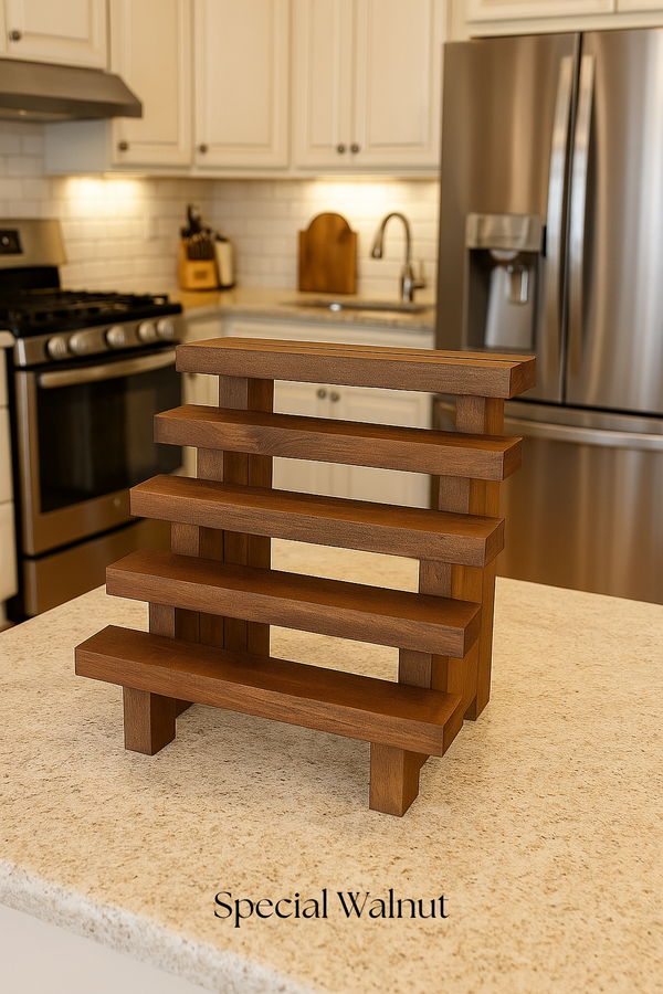 Rustic wooden spice rack in Medium Brown finish with 5-tier slatted shelves
