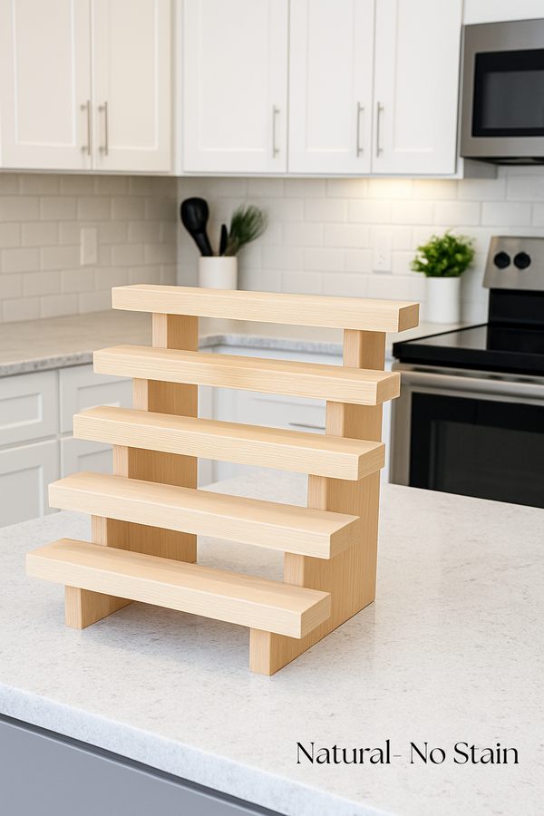 Rustic wooden spice rack in Natural No Stain finish with 5-tier slatted shelves