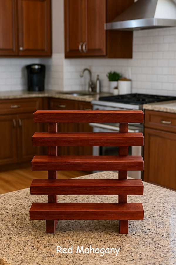 Rustic wooden spice rack in Red Mahogany finish with 5-tier slatted shelves