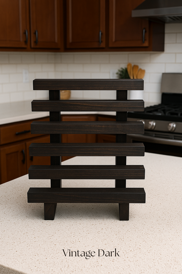 Rustic wooden spice rack in Vintage Dark finish with 5-tier slatted shelves
