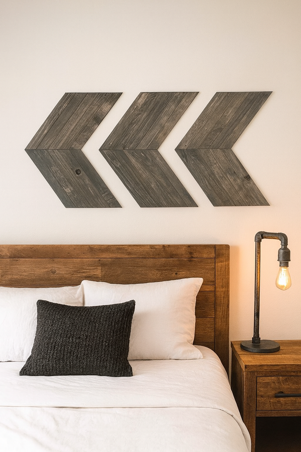 Set of 3 rustic gray chevron wall panels stacked together on white background.
