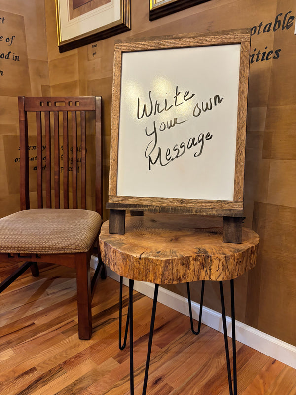 Small tabletop easel whiteboard with handwritten message