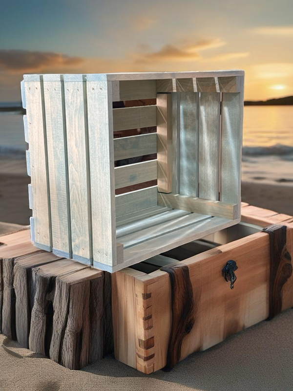Vintage blue stained wood crate styled outdoors at the beach with sunset background.