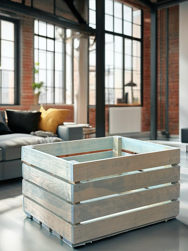 Vintage blue stained wood crate styled in modern living room with large windows.
