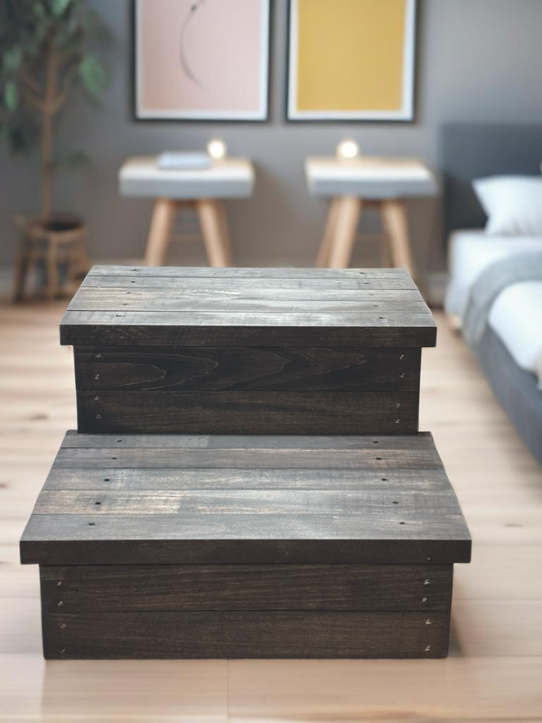Dark stained 2-step wooden stool in a cozy bedroom setting, farmhouse style pet steps.