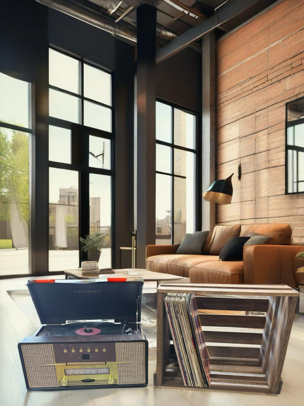 Rustic medium brown vinyl record holder crate with LPs beside a record player in modern living room