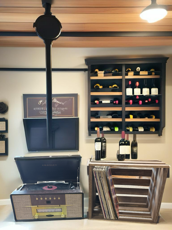 Medium brown stained wood record holder crate with LPs styled in wine cellar room