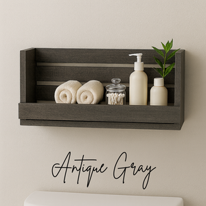 Farmhouse wall shelf in Antique Gray stain, rustic bathroom storage
