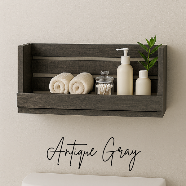 Farmhouse wall shelf in Antique Gray stain, rustic bathroom storage