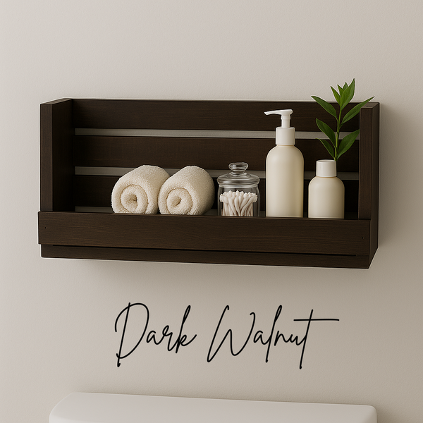 Farmhouse wall shelf in Dark Walnut stain, rustic wall mounted storage