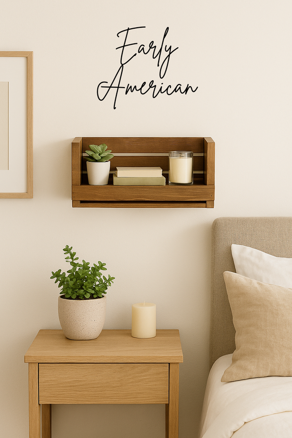 Rustic wall shelf in Early American stain, farmhouse bedroom wall décor