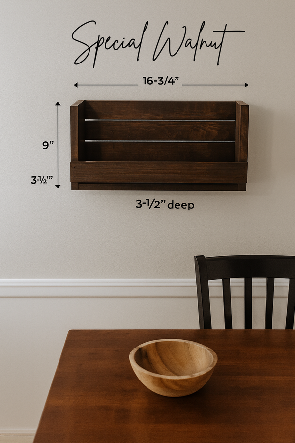 Rustic wall shelf in Special Walnut stain, farmhouse wall storage décor