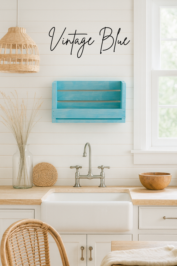 Farmhouse wall shelf in Vintage Blue stain, rustic wall mounted organizer