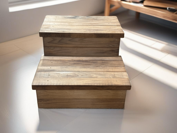 Rustic wooden 2-tier pet steps in Early American stain placed on light tile floor with natural sunlight.