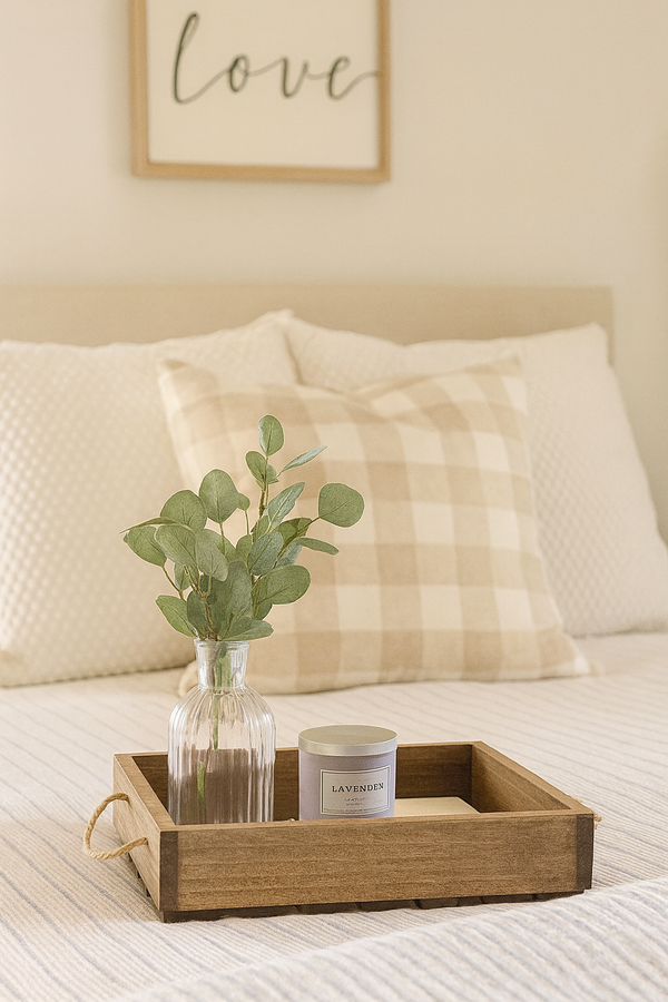 Wooden medium serving tray in brown finish, farmhouse breakfast in bed or decorative organizer.