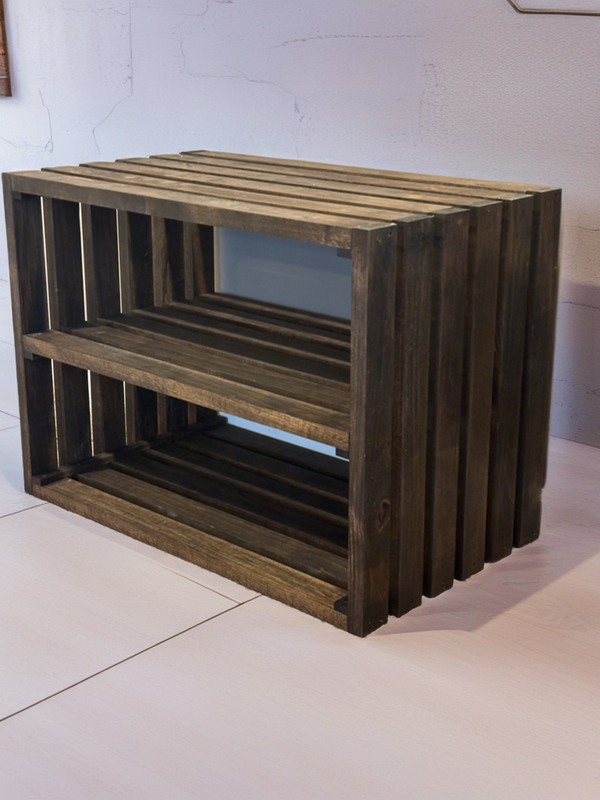 Wooden two-tier shoe rack in dark walnut finish against a light wall